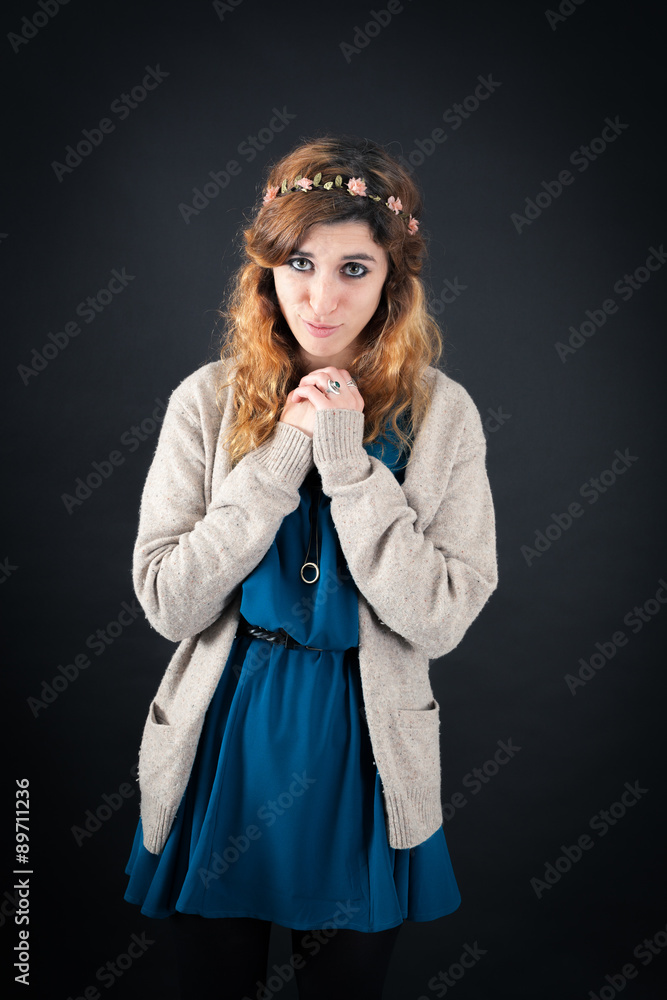 Beautiful woman doing different expressions in different sets of clothes: love