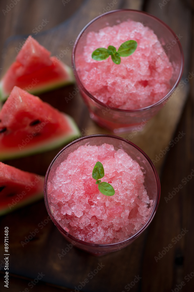 Glasses with watermelon granita, selective focus, close-up