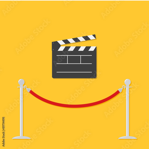 Red rope barrier stanchions turnstile Open movie clapper board template icon. Flat design style.