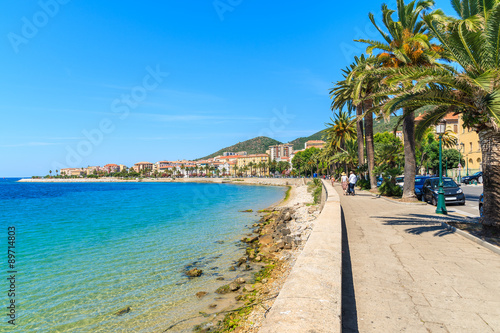 Coastal promenade with palm trees in Ajaccio town, Corsica island, France