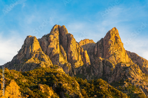 Mountain peaks in sunset light near Porto, Corsica island, France