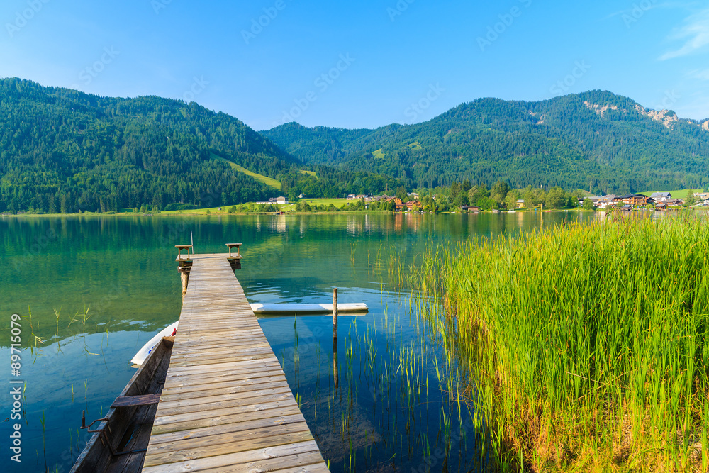 Fototapeta Green grass in water of Weissensee alpine lake in summer landscape, Austria