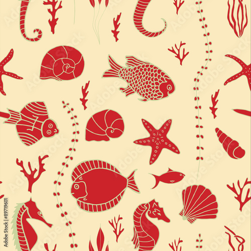 Seamless pattern with hand drawn fishes