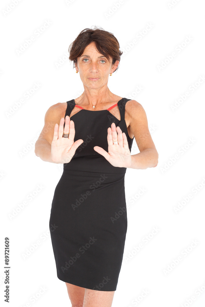 Beautiful woman doing different expressions in different sets of clothes: stop sign Beautiful woman doing different expressions in different sets of clothes: stop sign