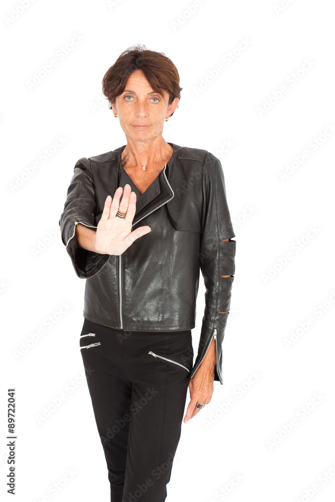 Beautiful woman doing different expressions in different sets of clothes: stop sign