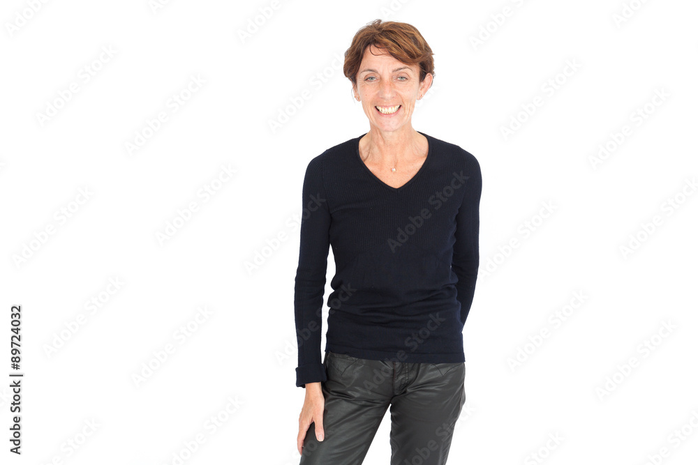 Fototapeta premium Beautiful woman doing different expressions in different sets of clothes: laughing