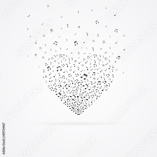 Heart from floating notes isolated on white.