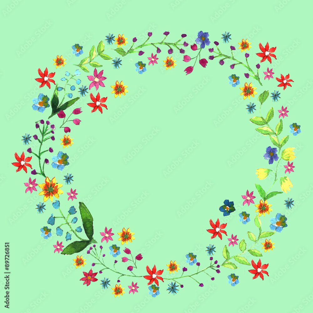 Hand drawn water color illustration of floral wreath on light green background.