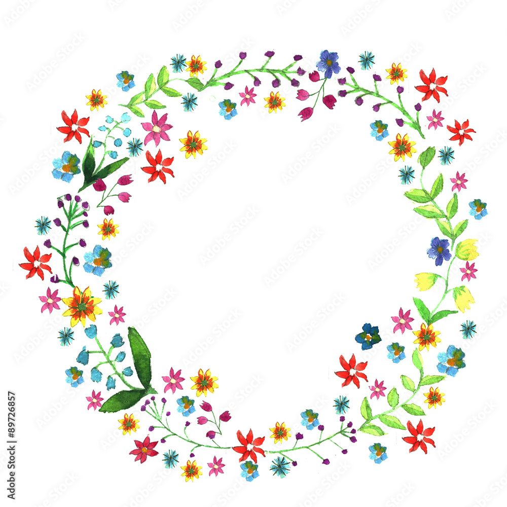 Hand drawn water color illustration of floral wreath 