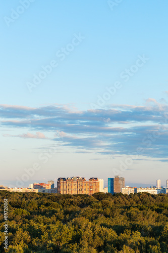 blue sky over city and green forest in summer