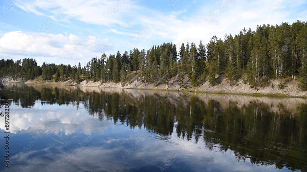 The Yellowstone River quietly bends around a corner. The water is like a mirror and there in a conifer forest on the bank, the blue sky has white clouds. The Yellowstone River quietly bends around a corner. The water is like a mirror and there in a conifer forest on the bank, the blue sky has white clouds.