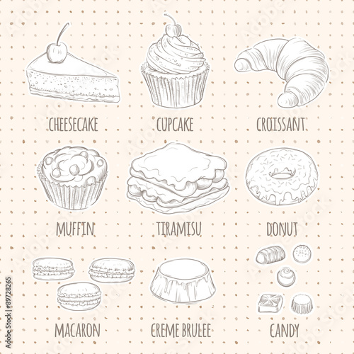 Vector sweet dessert icons in sketch style. Food sign. Set of confectionery. Includes cheesecake, cupcake, croissant, muffin, tiramisu, donut, macaron, creme brulee, chocolates candy.