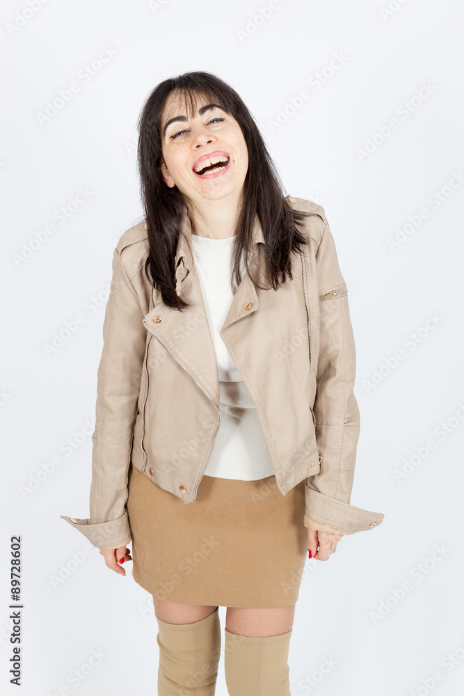 Beautiful woman doing different expressions in different sets of clothes: laughing Beautiful woman doing different expressions in different sets of clothes: laughing
