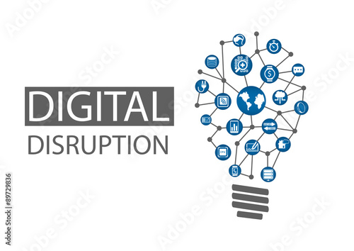 Digital disruption vector illustration. Concept of disruptive business ideas like computing everywhere, analytics, smart machines, cloud