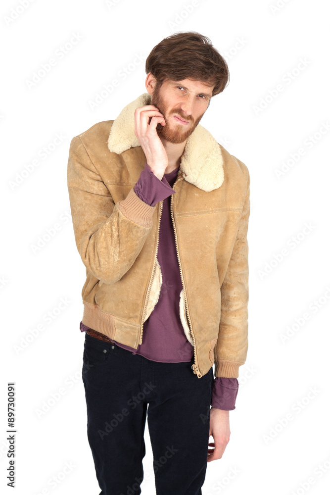 Fototapeta premium Handsome man doing different expressions in different sets of clothes: toothache