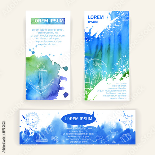 set of cards and a banner with watercolor background. Vector illustration. Doodles summer style sketches. Hand drawing texture.