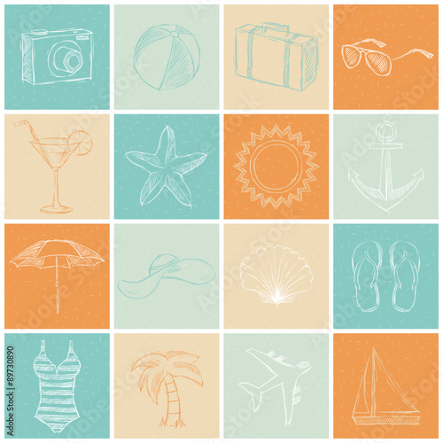 Set of sketches of solar subjects, hand drawing icons, vector illustration, collection of drawings tourism and leisure