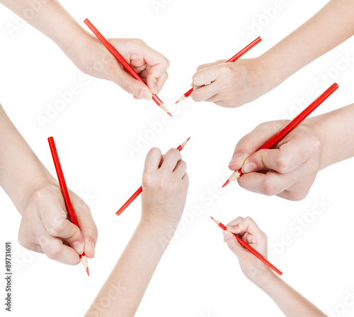set of hands draw by red pencil isolated