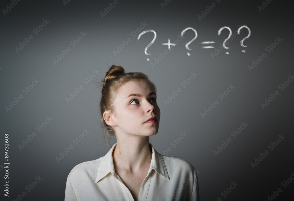 Girl in white and question marks Girl in white and question marks
