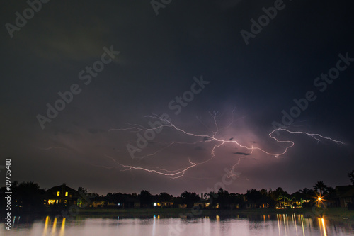Heat lightning over a suburban neighborhood lake