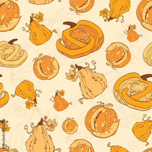 Vector Autumn Pumpkins Harvest Seamless Pattern. Pumpkin patch