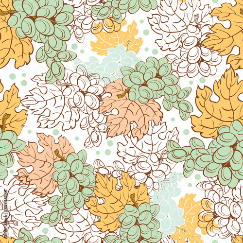 Vector Fall Grapes Harvest Seamless Pattern. Wine pastel leaf