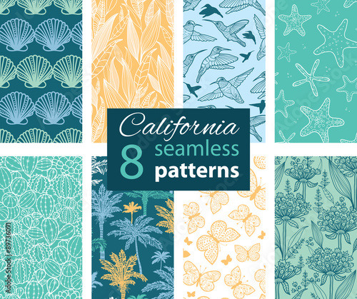 Vector California Nature Eight Set Seamless Pattern. Hummingbird
