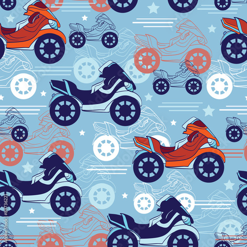 Vector Motorcycles Blue Red Seamless Pattern. Fast Risky Speed