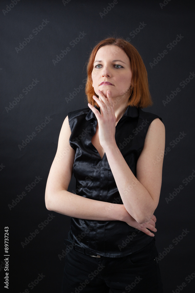 Beautiful woman doing different expressions in different sets of clothes: thinking Beautiful woman doing different expressions in different sets of clothes: thinking