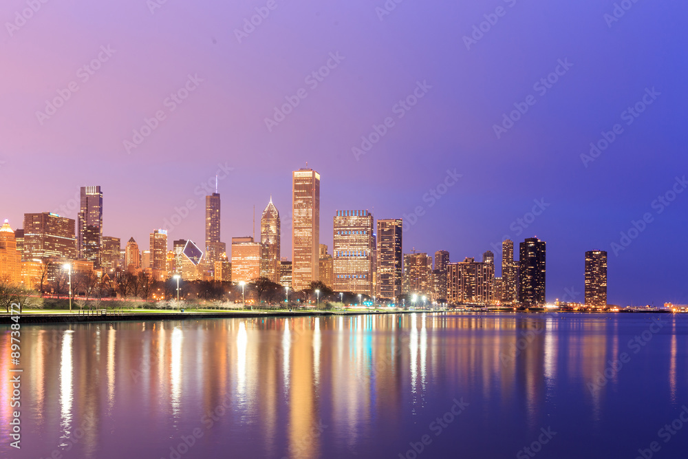 Downtown Chicago across Lake Michigan at sunset, IL