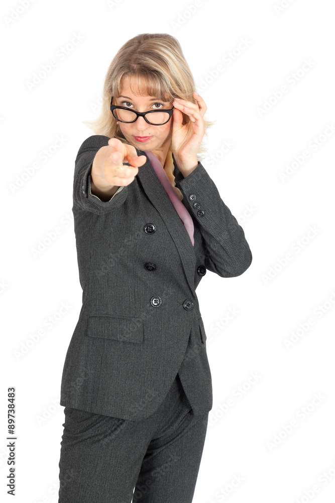 Beautiful businesswoman doing different expressions in different sets of clothes: gun sign Beautiful businesswoman doing different expressions in different sets of clothes: gun sign