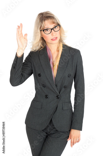 Beautiful businesswoman doing different expressions in different sets of clothes: be careful