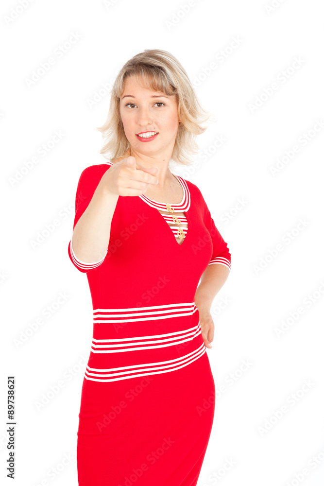 Beautiful businesswoman doing different expressions in different sets of clothes: pointing Beautiful businesswoman doing different expressions in different sets of clothes: pointing