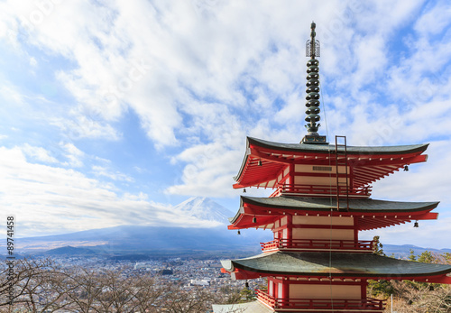 five stored pagoda near Fuji volcano.