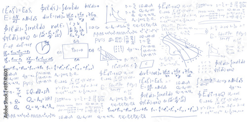 Handwritten formulas and equations on white background