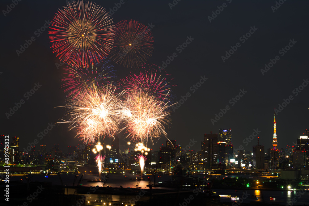 Fireworks in Japan with Tokyo tower