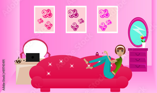 Vector illustration of a beauty girl painting nails on the sofa.