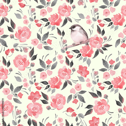 Photography Watercolor floral background with a cut bird