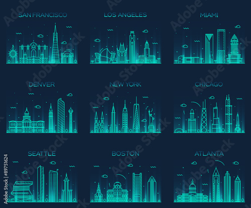 American cities skyline trendy illustration linear