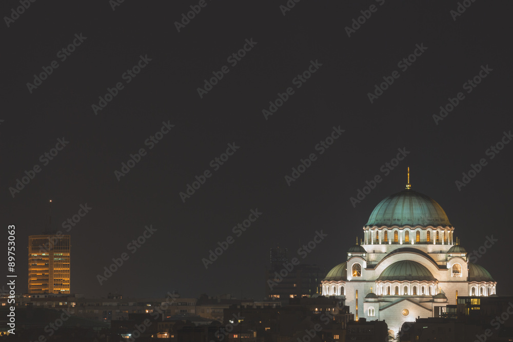 Night view of Belgrade, Serbia. The Church of Saint Sava is one of the largest Orthodox churches in the world.