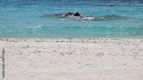 Slow motion footage of waves breaking on rocks and shoreline of white sandy beach