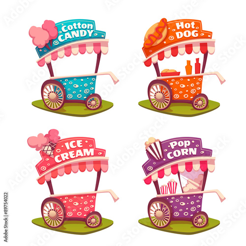Set of fast food carts. Icecream, cotton candy, pop corn, hotdog