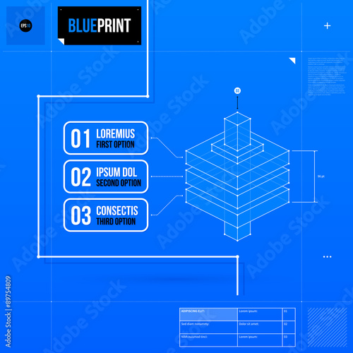 Abstract layout template in blueprint style with three numbered options and isometric object. EPS10