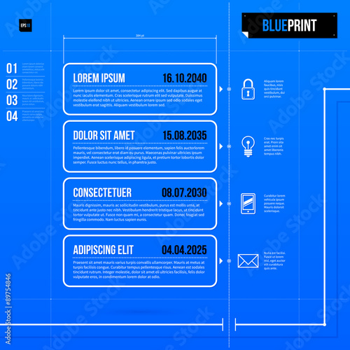 Timeline template in blueprint style with four rectangle banners. EPS10