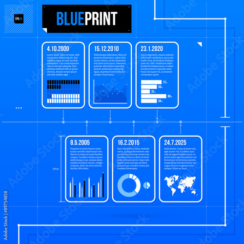 Horizontal timeline template with infographic elements in blueprint style. EPS10