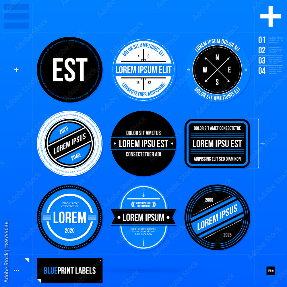 Obraz premium Set of nine labels and badges in blueprint style. EPS10