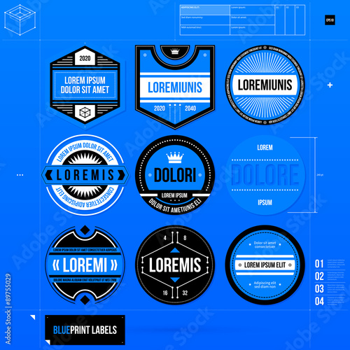 Set of 9 different labels/badges in blueprint style. EPS10