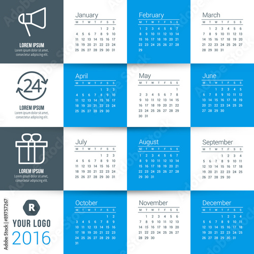 Vector Calendar Template. Calendar 2016. Week Starts Monday