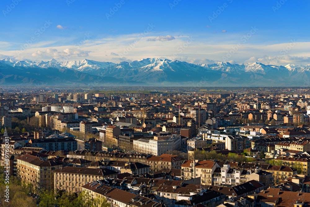 Aerial view of Turin - Piedmont Italy / Panorama from the Mole Antonelliana of the city of Turin (Torino) Piemonte, Italy