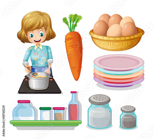 Woman cooking and other ingredients